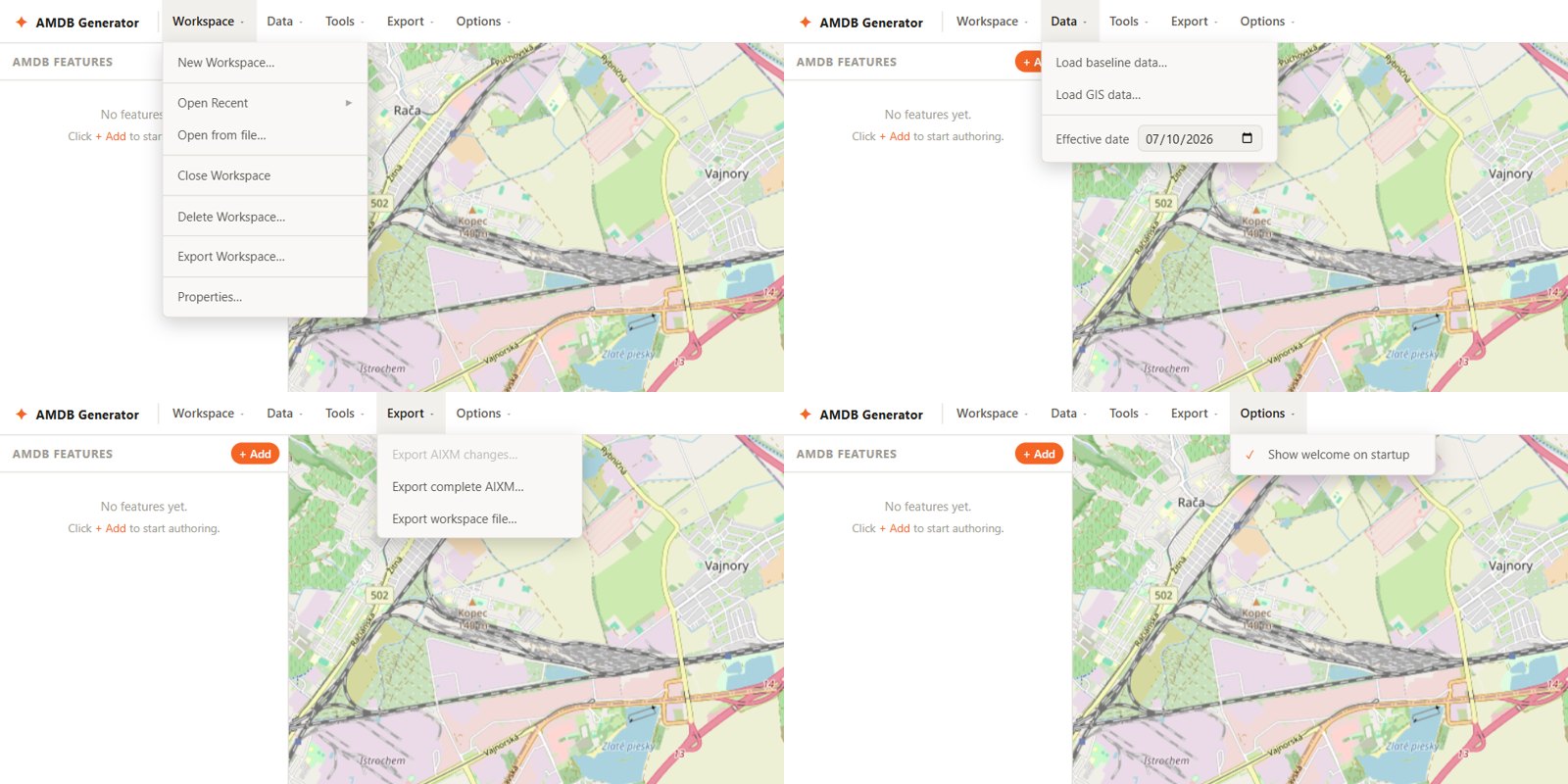 AMDB Generator workspace, data, export and options menus over an aerodrome map