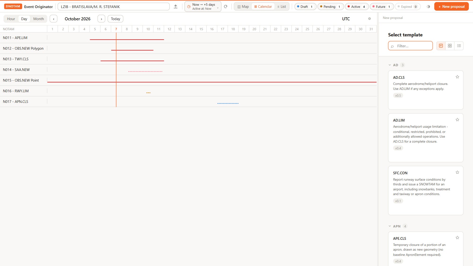 Event calendar with monthly timeline and template catalogue