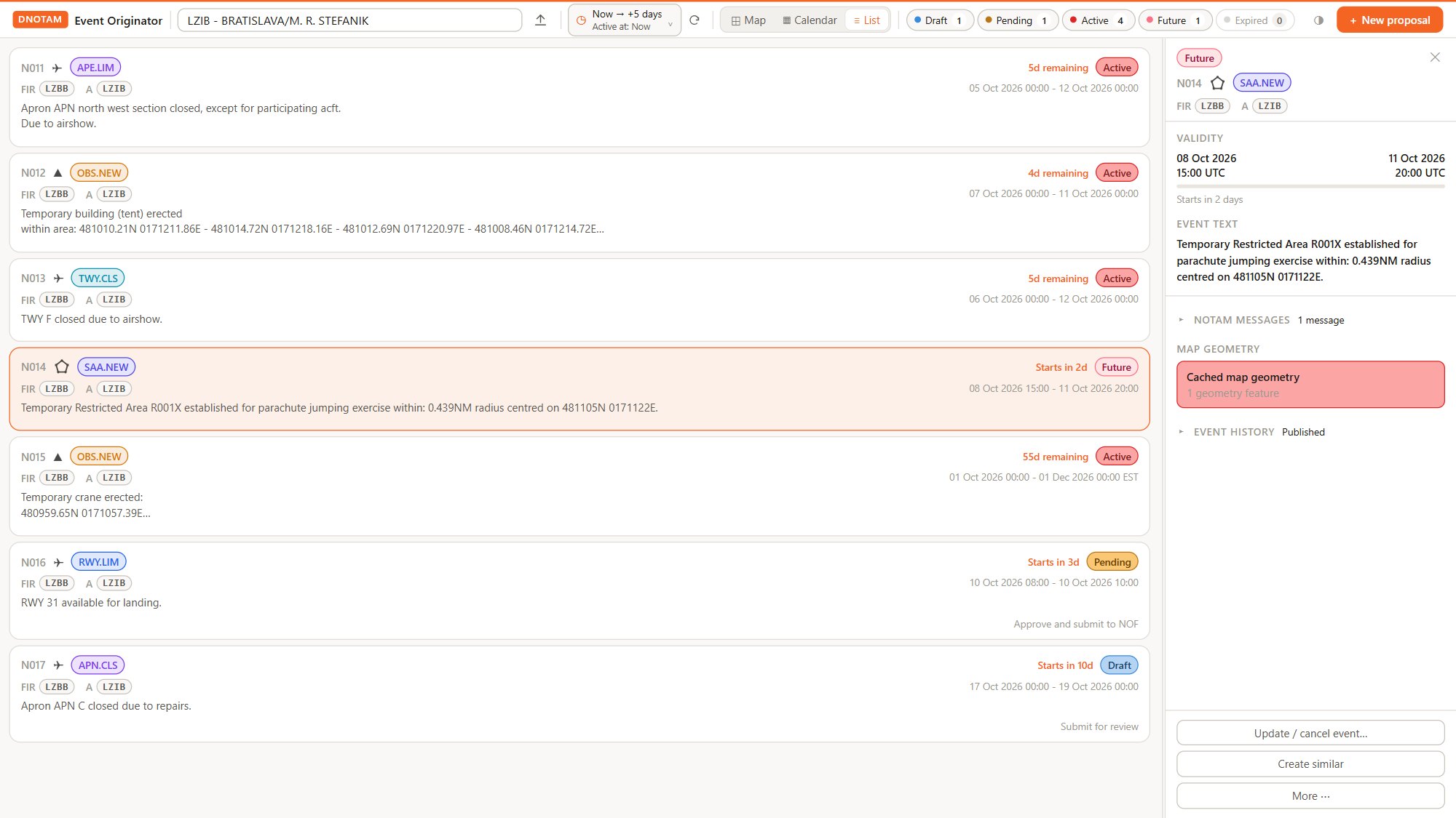 Event list with status badges and event detail panel