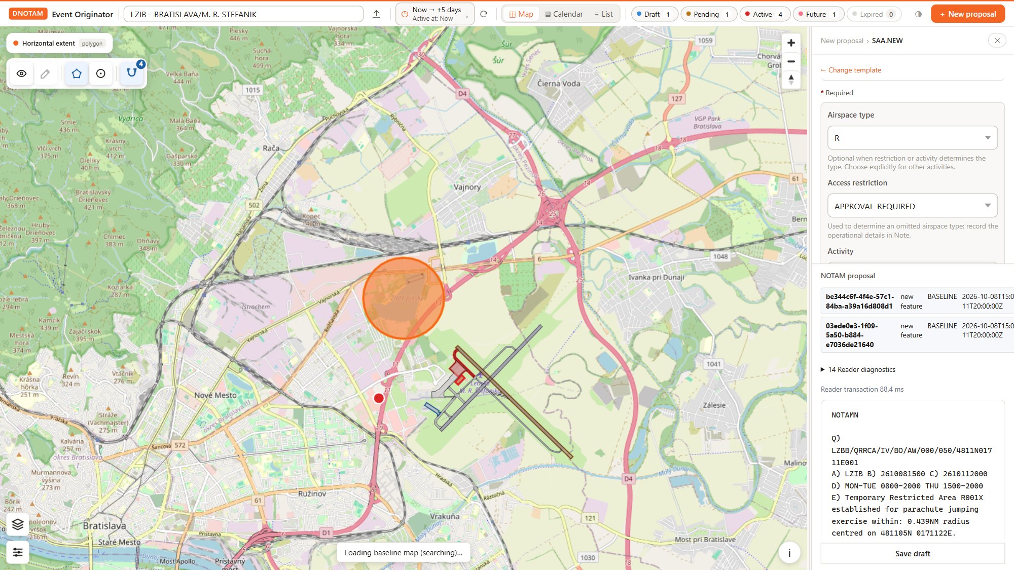 Origination workspace with map, scenario form and generated NOTAM text