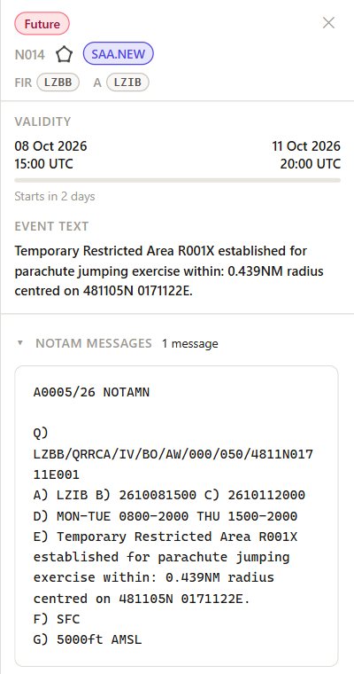 Generated NOTAM text with Q line and Items A to G