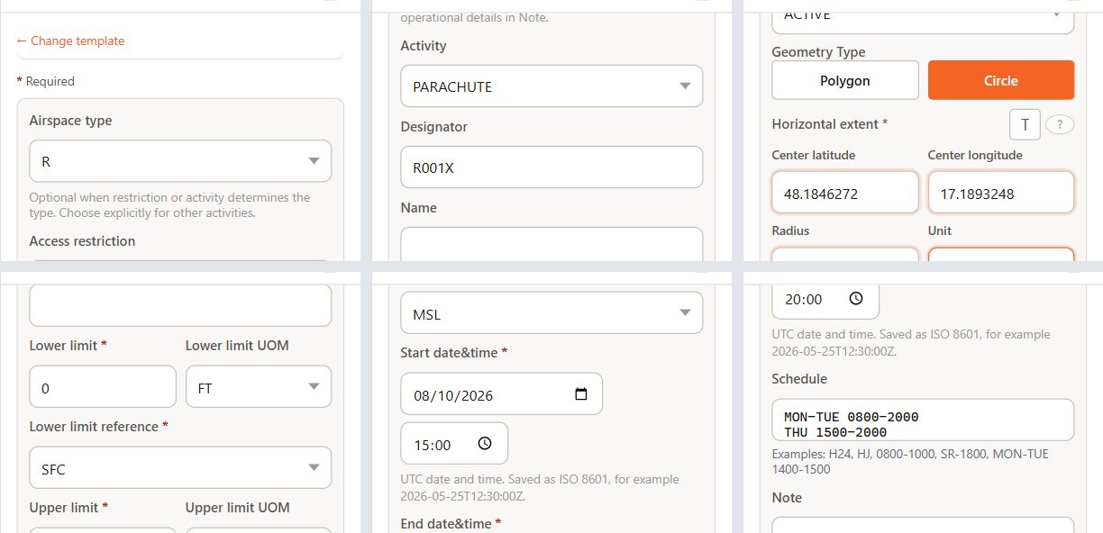 Template input form sections for a restricted area